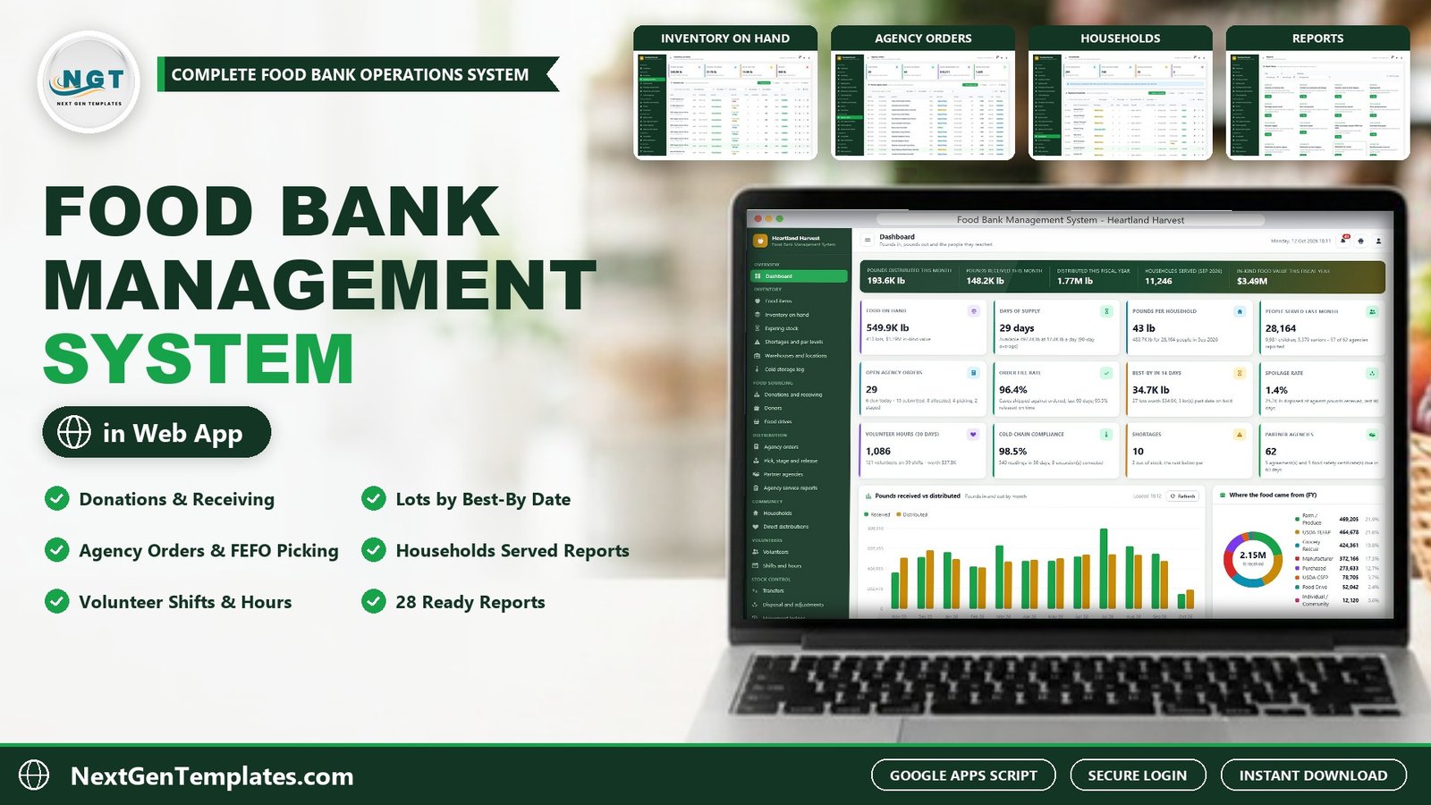 Food Bank Management System web app on a laptop with dashboard, inventory on hand, agency orders, households and reports screens