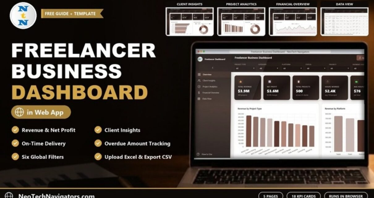 Freelancer Business Dashboard in HTML feature image showing the overview page with revenue KPI cards and charts on a laptop