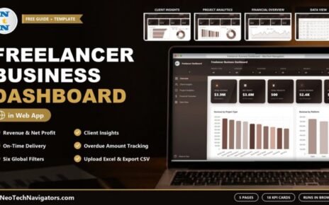 Freelancer Business Dashboard in HTML feature image showing the overview page with revenue KPI cards and charts on a laptop
