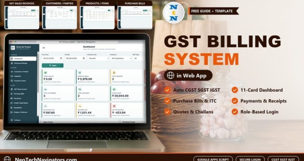 GST Billing System Web App dashboard on a laptop showing sales, GST output, input and net GST payable cards with screen previews