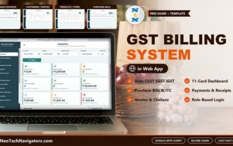 GST Billing System Web App dashboard on a laptop showing sales, GST output, input and net GST payable cards with screen previews
