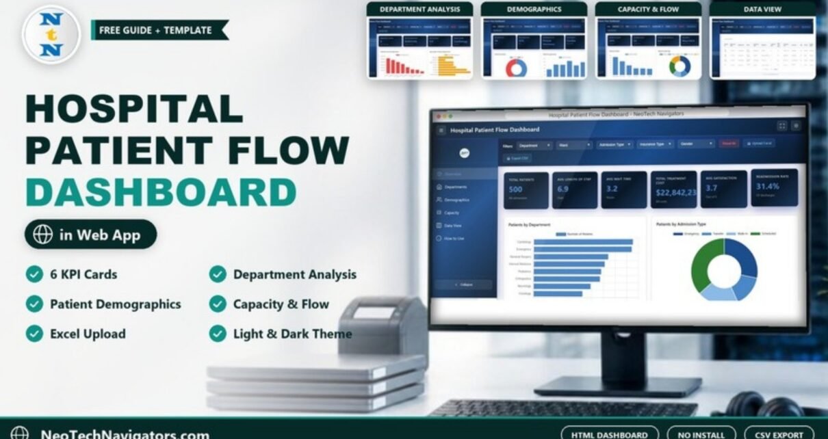 Hospital Patient Flow Dashboard in HTML on a desktop monitor showing patient, length of stay, wait time, cost, satisfaction and readmission KPI cards, with Department, Demographics, Capacity and Data View page previews