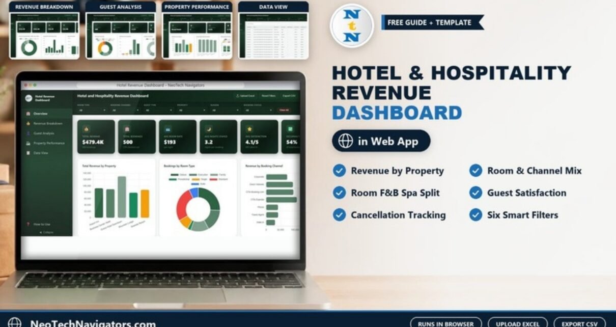 Hotel and Hospitality Revenue Dashboard in HTML on a laptop showing revenue KPI cards, property and room type charts with page previews