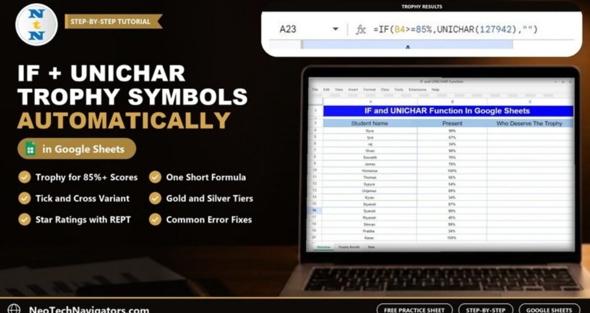 Laptop showing a Google Sheets student attendance list with the IF and UNICHAR trophy formula, beside the title IF + UNICHAR Trophy Symbols Automatically