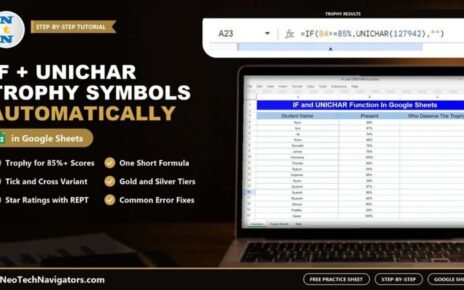 Laptop showing a Google Sheets student attendance list with the IF and UNICHAR trophy formula, beside the title IF + UNICHAR Trophy Symbols Automatically