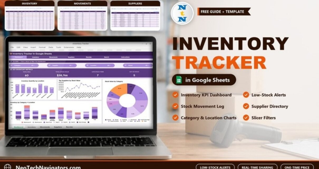 Inventory Tracker in Google Sheets dashboard with stock KPIs, location and category charts shown on a laptop in a warehouse office
