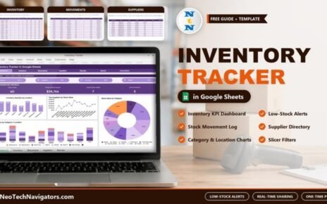 Inventory Tracker in Google Sheets dashboard with stock KPIs, location and category charts shown on a laptop in a warehouse office