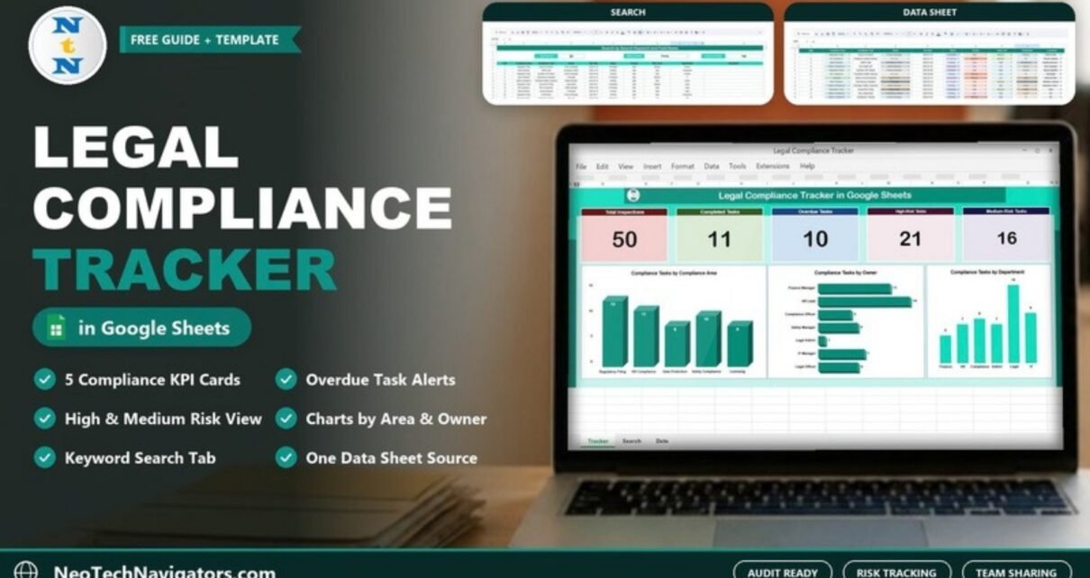 Legal Compliance Tracker in Google Sheets dashboard with compliance KPI cards and charts shown on a laptop