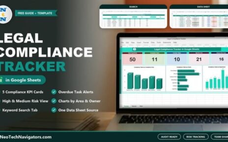 Legal Compliance Tracker in Google Sheets dashboard with compliance KPI cards and charts shown on a laptop