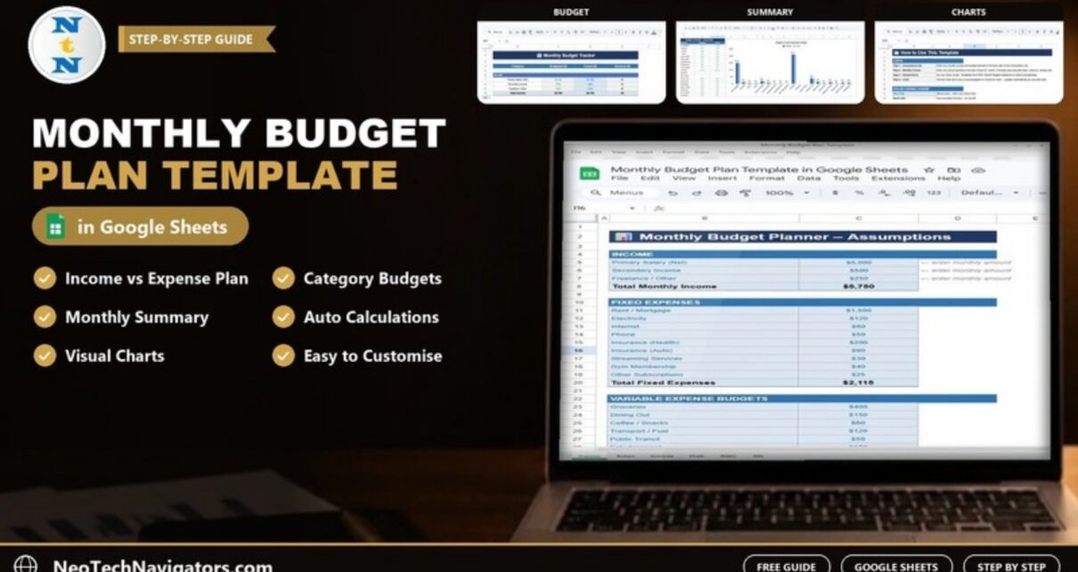 Monthly Budget Plan Template in Google Sheets on a laptop with budget, summary and chart tabs