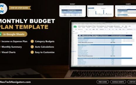Monthly Budget Plan Template in Google Sheets on a laptop with budget, summary and chart tabs