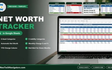 Net Worth Tracker in Google Sheets on a laptop showing monthly assets, liabilities and net worth summary from January to December