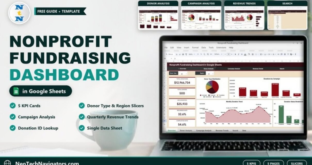 Nonprofit Fundraising Dashboard in Google Sheets on a laptop with Donor, Campaign, Revenue Trends and Search page previews
