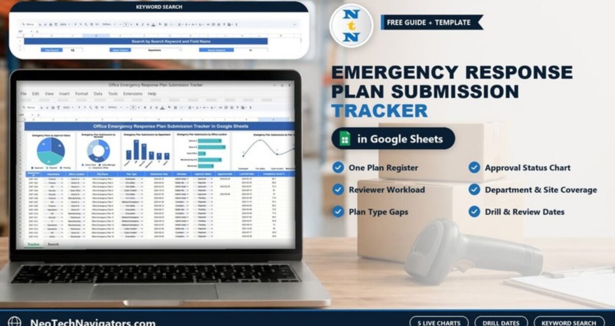 Office Emergency Response Plan Submission Tracker in Google Sheets on a laptop showing approval, reviewer, department, location and plan type charts above the plan register