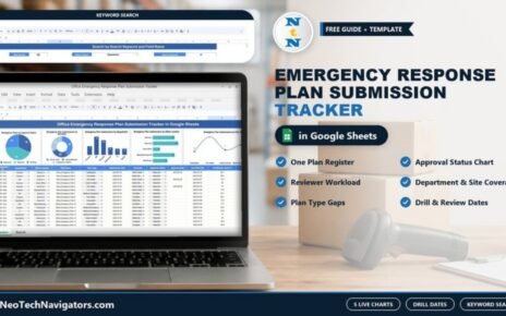 Office Emergency Response Plan Submission Tracker in Google Sheets on a laptop showing approval, reviewer, department, location and plan type charts above the plan register