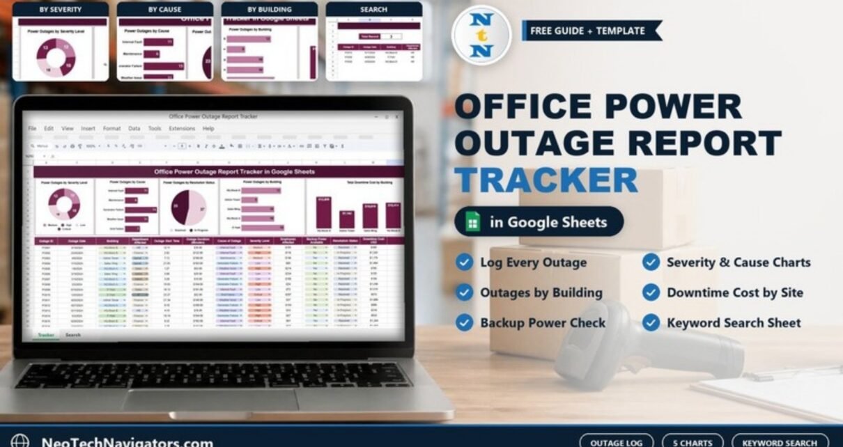 Office Power Outage Report Tracker in Google Sheets on a laptop showing outage charts by severity, cause and building above the outage log