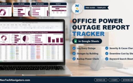 Office Power Outage Report Tracker in Google Sheets on a laptop showing outage charts by severity, cause and building above the outage log