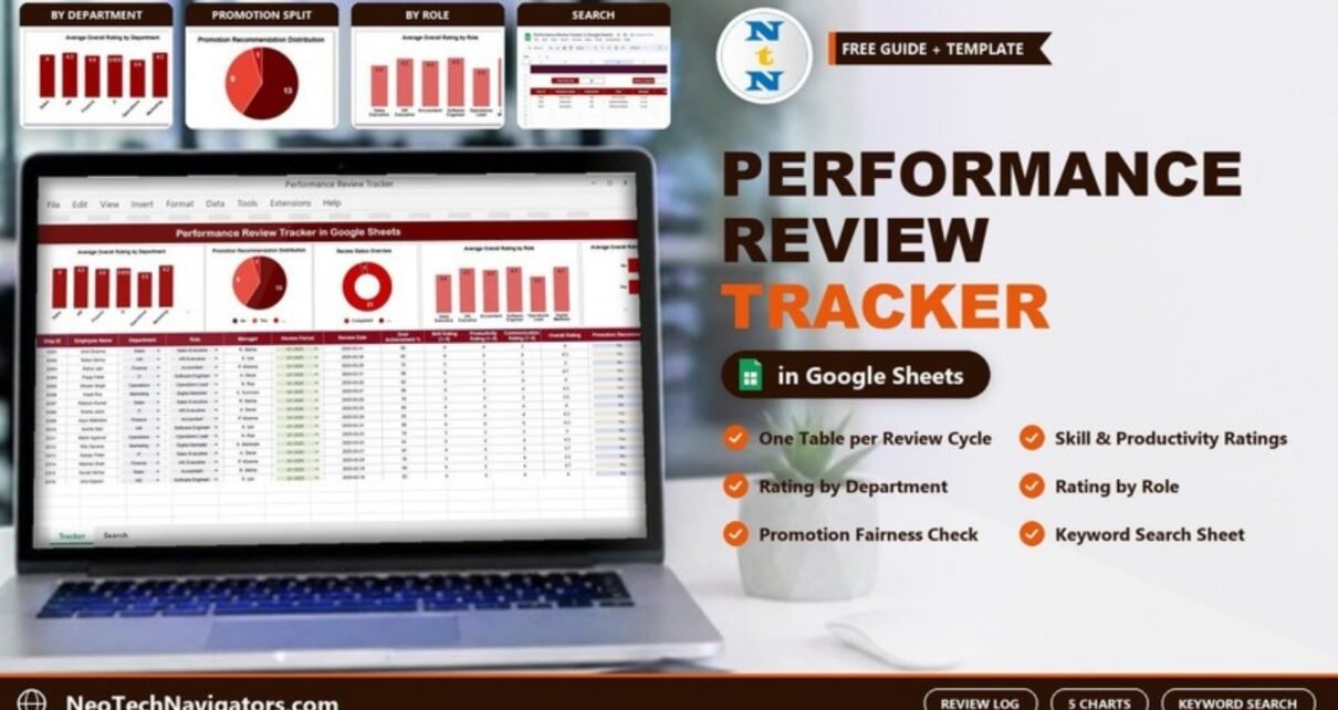 Performance Review Tracker in Google Sheets on a laptop showing rating charts by department and role, promotion split and the employee review table