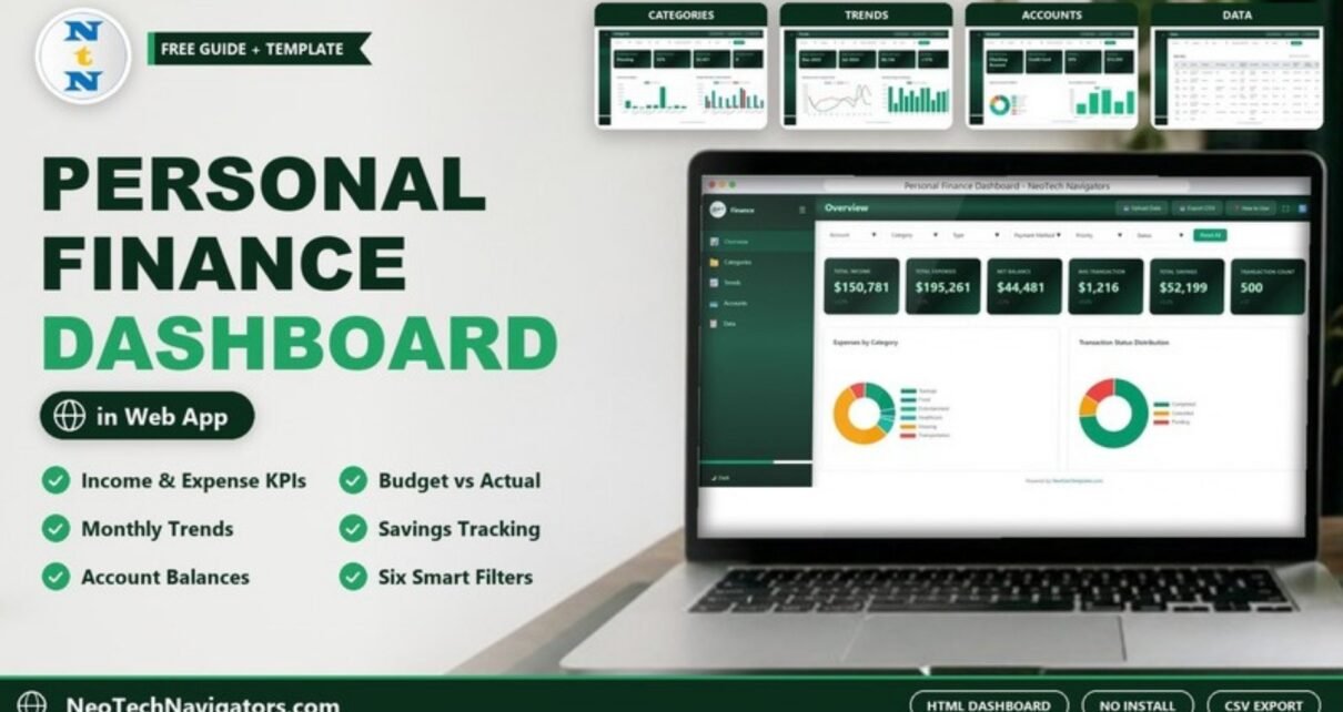 Personal Finance Dashboard in HTML on a laptop showing income, expense, balance and savings cards with Categories, Trends, Accounts and Data page tiles