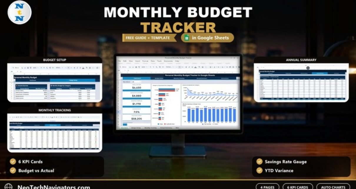 Personal Monthly Budget Tracker in Google Sheets feature image showing the budget dashboard on a monitor with Budget Setup, Monthly Tracking and Annual Summary previews