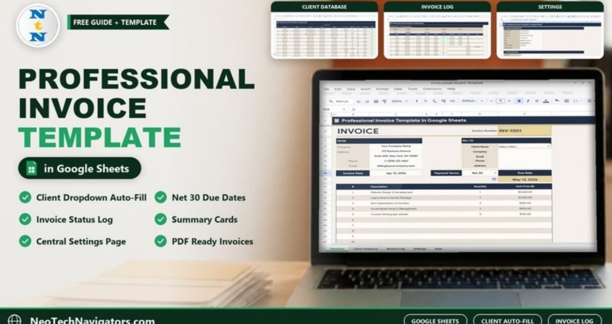Professional Invoice Template in Google Sheets shown on a laptop with Client Database, Invoice Log and Settings preview tiles