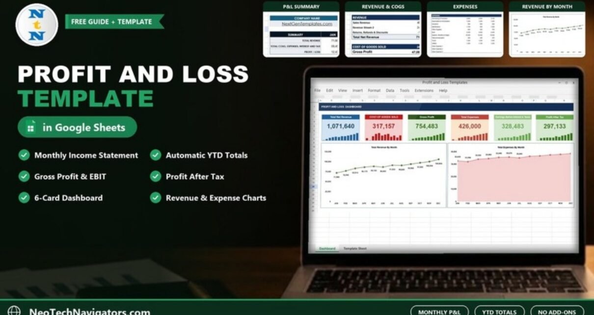 Laptop showing the Profit and Loss Dashboard in Google Sheets with six YTD cards, revenue and expense charts and P&L table previews