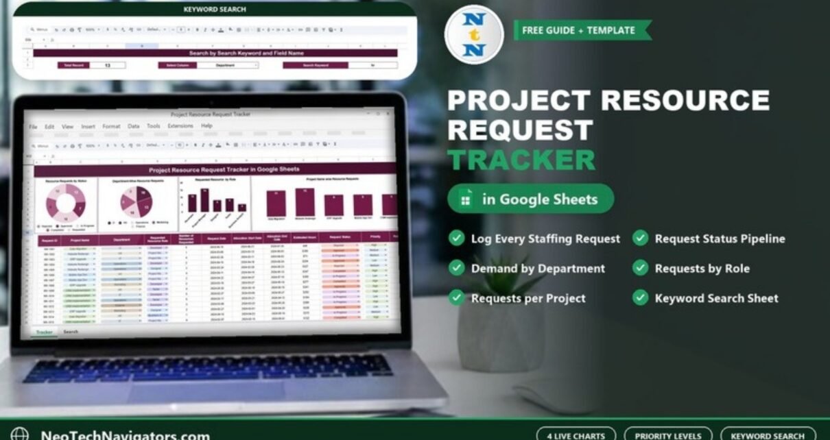 Project Resource Request Tracker in Google Sheets on a laptop showing status, department, role and project charts above the resource request log