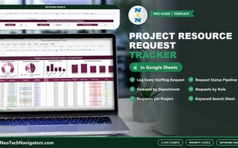 Project Resource Request Tracker in Google Sheets on a laptop showing status, department, role and project charts above the resource request log
