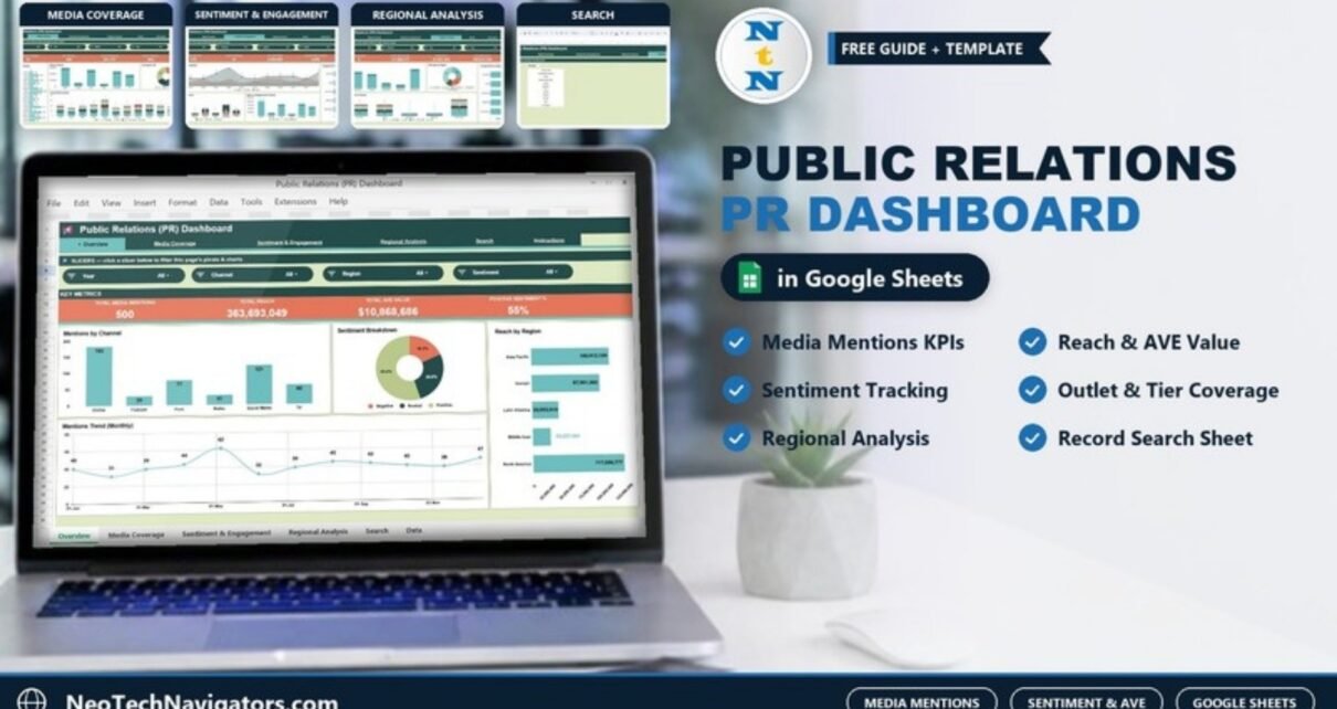 Public Relations PR Dashboard in Google Sheets on a laptop showing media mentions, reach, AVE and sentiment charts