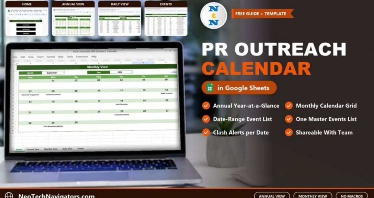 PR Outreach Calendar in Google Sheets on a laptop showing the September 2025 Monthly View with PR events, plus Annual, Daily and Events sheet previews
