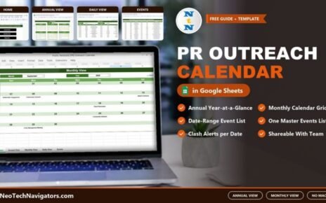 PR Outreach Calendar in Google Sheets on a laptop showing the September 2025 Monthly View with PR events, plus Annual, Daily and Events sheet previews