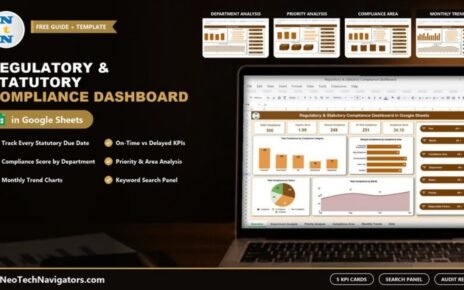 Regulatory and Statutory Compliance Dashboard in Google Sheets shown on a laptop with KPI cards, compliance charts and analysis page previews