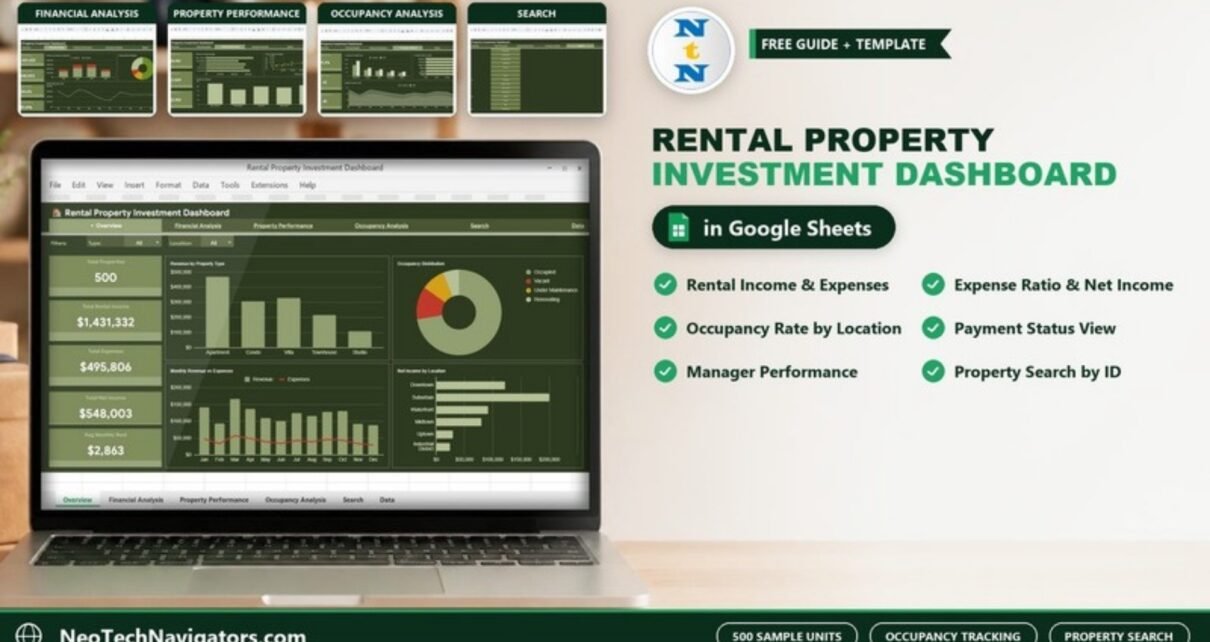 Laptop showing the Rental Property Investment Dashboard overview in Google Sheets with income KPIs, occupancy chart and page previews