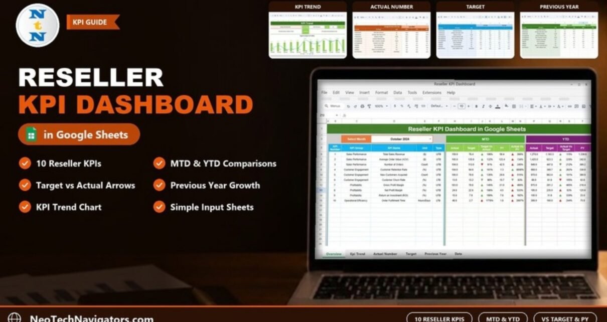 Reseller KPI Dashboard in Google Sheets on a laptop showing ten KPIs with MTD and YTD actual, target and previous year, plus KPI Trend and input sheet previews