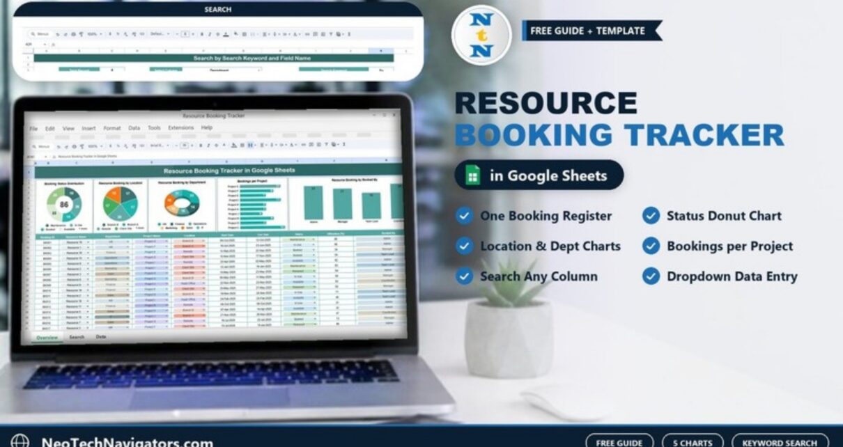 Laptop showing the Resource Booking Tracker in Google Sheets with booking status, location, department and project charts above the booking table
