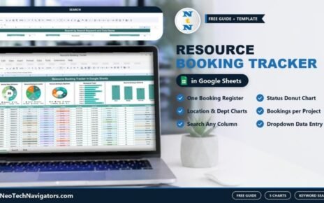 Laptop showing the Resource Booking Tracker in Google Sheets with booking status, location, department and project charts above the booking table