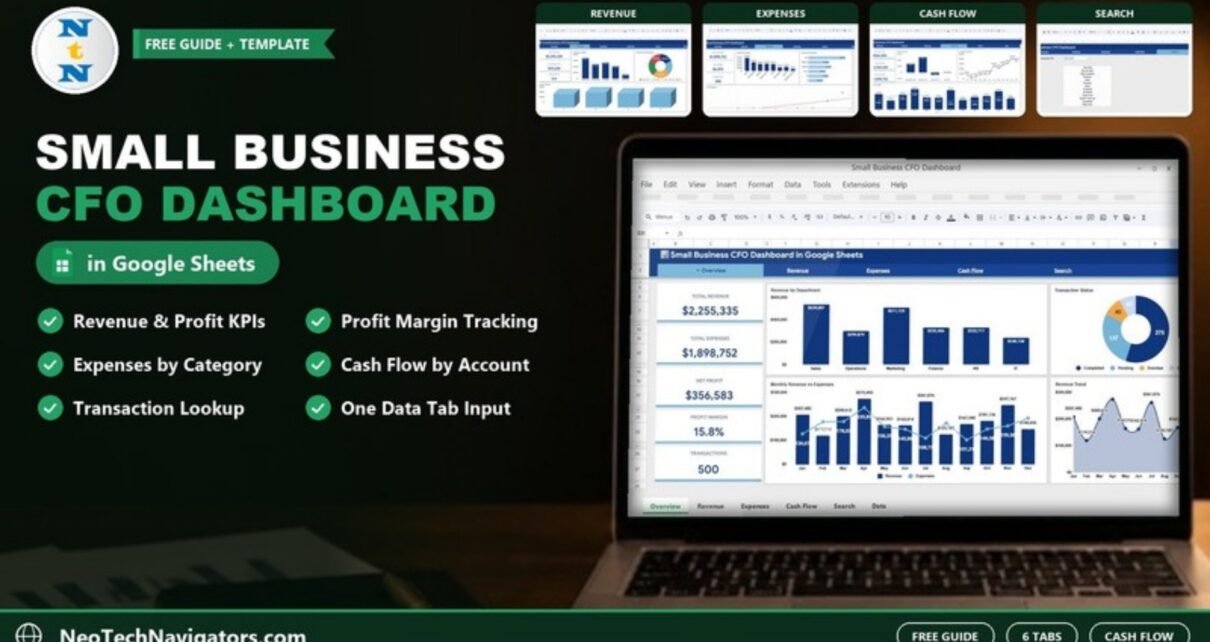 Laptop showing the Small Business CFO Dashboard in Google Sheets with revenue, expenses, net profit, margin and transaction cards and revenue by department and monthly charts
