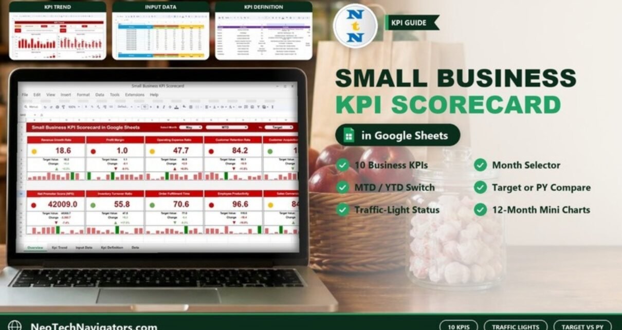 Small Business KPI Scorecard in Google Sheets on a laptop showing ten KPI cards with traffic-light status and twelve-month mini charts