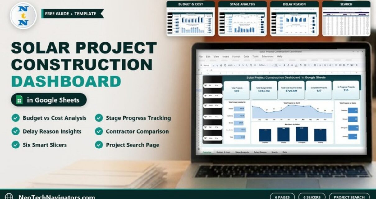 Solar Project Construction Dashboard in Google Sheets on a laptop with Budget & Cost, Stage, Delay Reason and Search page previews