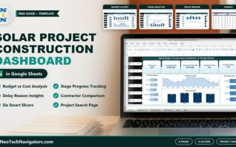 Solar Project Construction Dashboard in Google Sheets on a laptop with Budget & Cost, Stage, Delay Reason and Search page previews