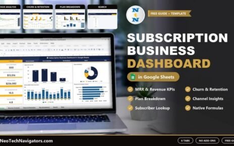 Subscription Business Dashboard in Google Sheets on a laptop with Overview KPIs, page tiles and key benefits