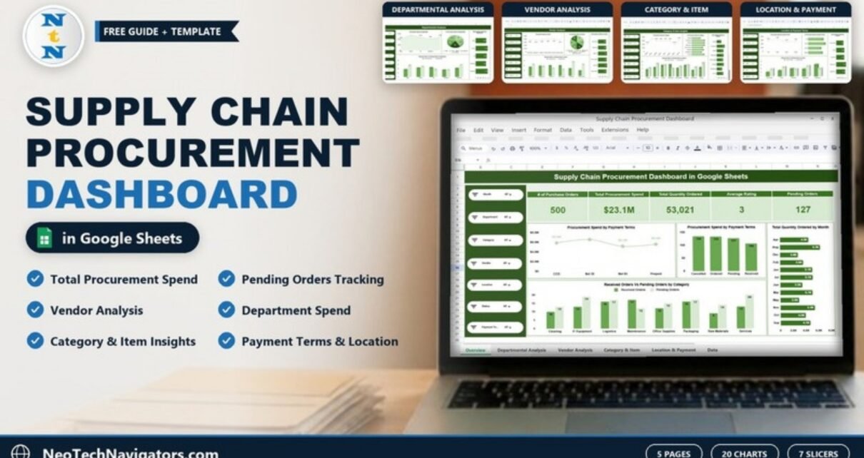 Supply Chain Procurement Dashboard in Google Sheets feature image showing PO count, spend and pending orders KPI cards with slicers and charts on a laptop