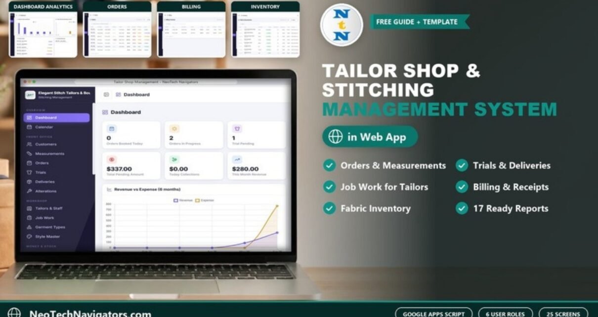 Tailor Shop and Stitching Management System web app dashboard on a laptop with orders, billing and inventory screen previews