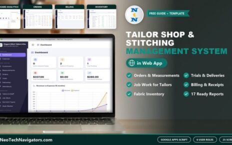 Tailor Shop and Stitching Management System web app dashboard on a laptop with orders, billing and inventory screen previews