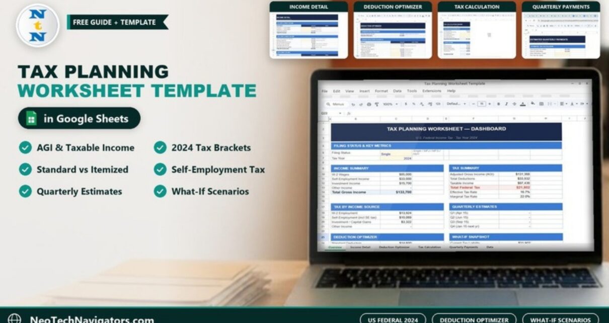 Laptop showing the Tax Planning Worksheet dashboard in Google Sheets with income, tax summary and sheet previews