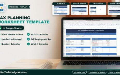 Laptop showing the Tax Planning Worksheet dashboard in Google Sheets with income, tax summary and sheet previews