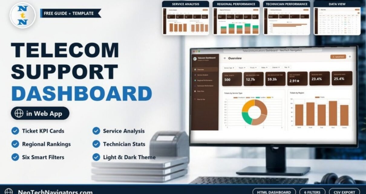 Telecommunications Dashboard in HTML on a desktop monitor showing ticket KPI cards and charts, with Service, Regional, Technician and Data View page tiles