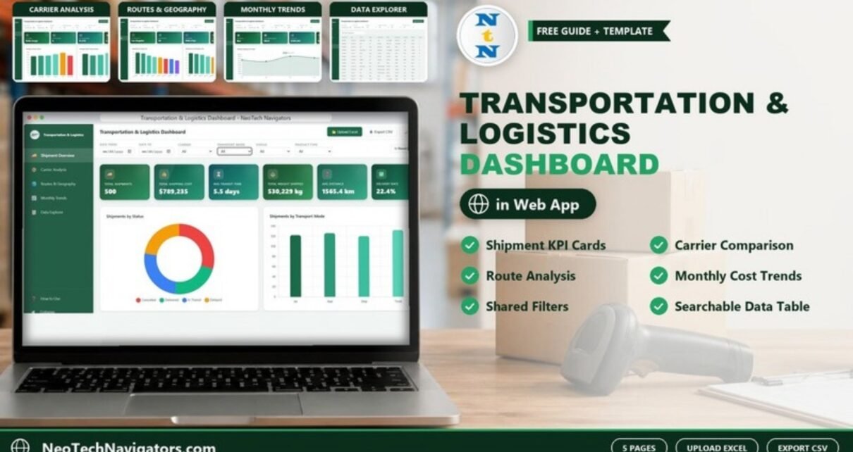 Transportation and Logistics Dashboard in HTML shown on a laptop in a warehouse office, with Carrier Analysis, Routes, Monthly Trends and Data Explorer page tiles and key features