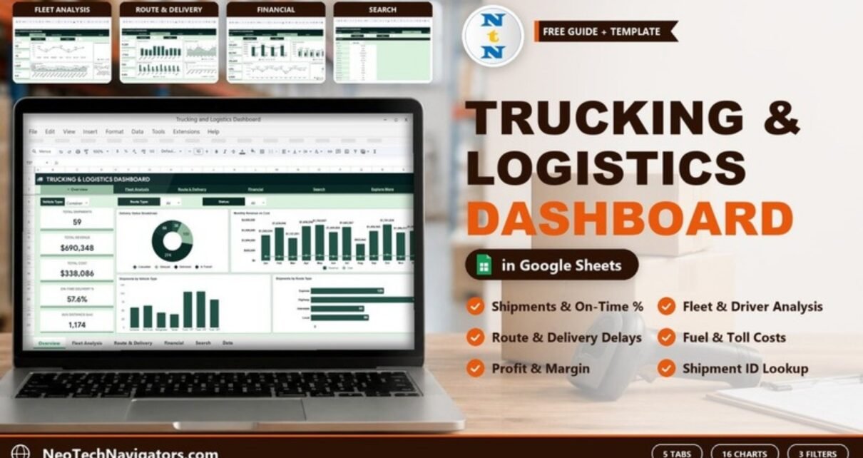 Trucking and Logistics Dashboard in Google Sheets feature image showing shipment KPI cards, delivery status donut and revenue vs cost chart on a laptop