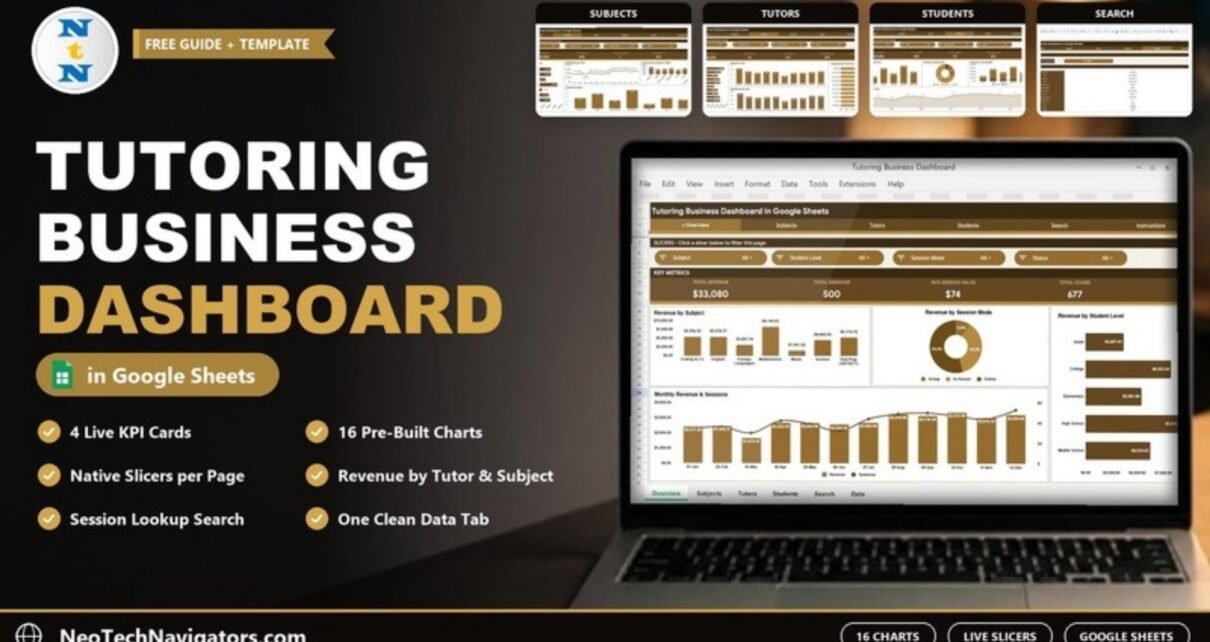 Tutoring Business Dashboard in Google Sheets on a laptop showing slicers, revenue, sessions, session value and hours KPIs with revenue by subject, session mode, student level and monthly charts